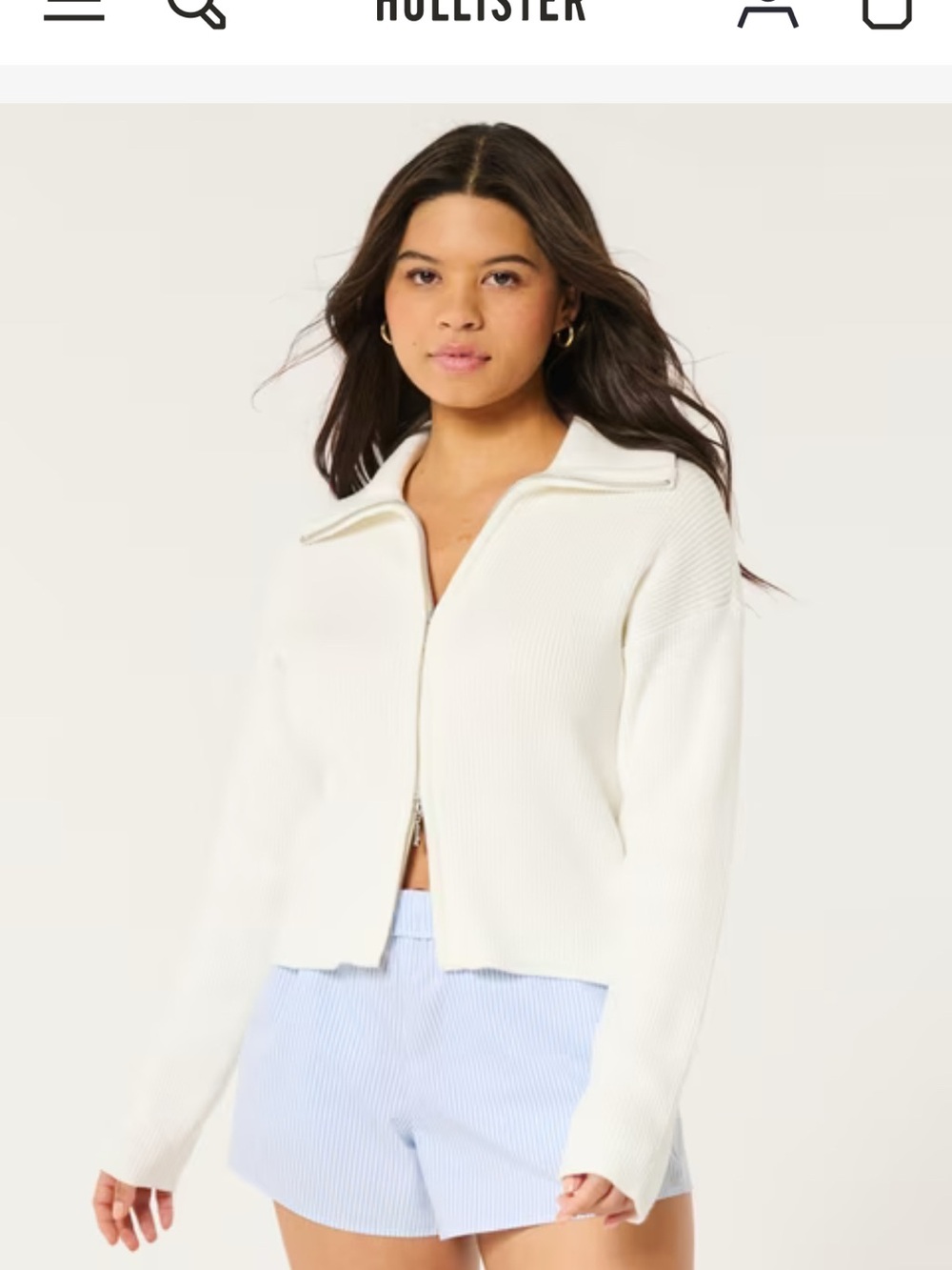 Hollister White Zip-Up Ribbed Cardigan